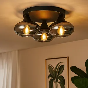 RL Plafonnier plafonnier lampe de salon métal noir verre fumé D 39cm pas cher