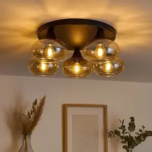 RL Plafonnier verre ambre métal noir mat lampe de salon D 49 cm pas cher