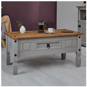 Idimex Table basse RAMON table d'appoint rectangulaire en pin massif gris et brun avec 1 tiroir, meuble de salon style mexicain en bois pas cher