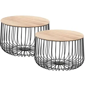 Lot de 2 tables d'appoint - IDIMEX - PADOVA - Décor bois naturel - Paniers en métal noir mat pas cher