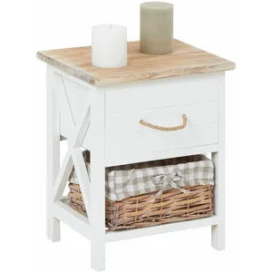 Idimex Table de chevet PERUGIA table de nuit 1 tiroir et 1 panier en bois de paulownia style shabby chic vintage rustique campagnard blanc pas cher