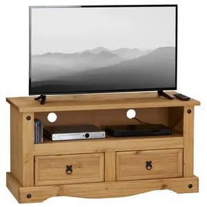 Idimex Meuble TV SALSA banc télévision de 108 cm en bois style mexicain avec 2 tiroirs et 1 niche, en pin massif finition teintée/cirée pas cher