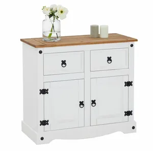 Idimex Buffet CAMPO commode bahut vaisselier en pin massif blanc et brun avec 2 tiroirs 2 portes meuble de rangement style mexicain en bois pas cher