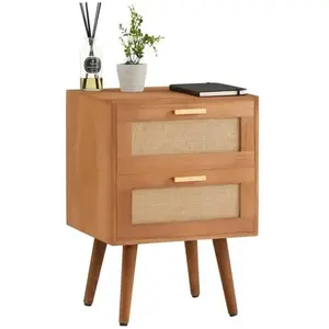 Idimex Table de chevet WAMAN petite commode de nuit avec 2 tiroirs, en bois de paulownia lasuré brun et lin naturel, style vintage pas cher