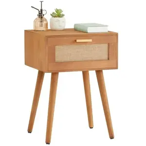 Idimex Table de chevet KIRAN 1 tiroir, table de nuit design vintage en bois brun et lin pas cher