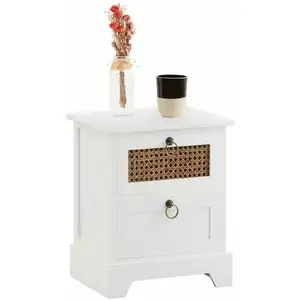 Idimex Table de chevet PADMA 2 tiroirs, table de nuit design vintage en bois lasuré blanc et rotin pas cher