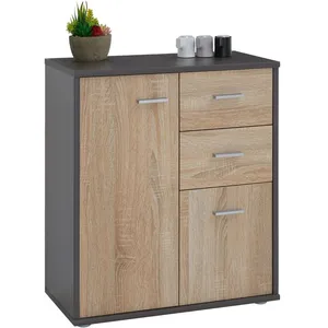 Idimex Buffet REMY, commode meuble de rangement avec 2 tiroirs et 2 portes, en mélaminé gris mat et décor chêne sonoma