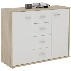 Idimex Buffet ELODIE, commode meuble de rangement avec 4 tiroirs et 2 portes, en mélaminé décor chêne sonoma et blanc mat pas cher