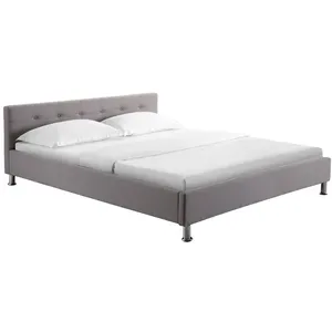 Lit double capitonné NIZZA queen size 160x200 cm - Gris - IDIMEX - Avec sommier et pieds métal chromé pas cher