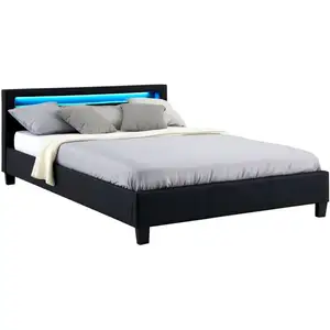 Idimex Lit double pour adulte PINOT avec sommier 140x190 cm 2 places 2 personnes, tête de lit avec LED intégrées, en synthétique noir pas cher
