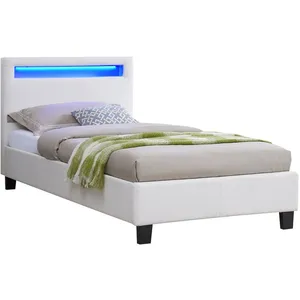 Lit simple LUCENO - IDIMEX - avec sommier 90x190 cm - tête de lit LED intégrées - synthétique blanc pas cher