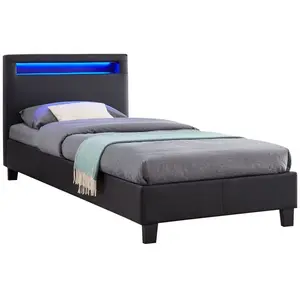 Idimex Lit led simple luceno 90x190 cm, avec sommier, revêtement synthétique noir pas cher