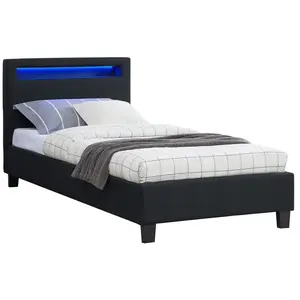 Idimex Lit simple adulte/enfant MOLINA avec sommier 90x190 cm, tête de lit LED intégrées, tissu noir