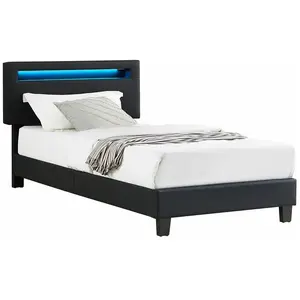 Idimex Lit simple EVAN 90 x 190 cm avec sommier pour adulte et enfant, tête réglable en hauteur avec LED intégrées, en synthétique noir pas cher
