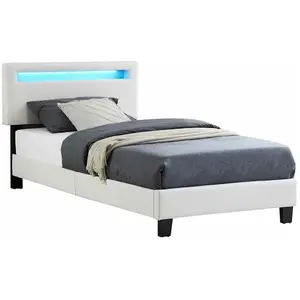 Idimex Lit simple AUSTIN 90 x 190 cm avec sommier pour adulte et enfant, tête réglable en hauteur avec LED intégrées, en tissu blanc