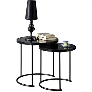 Lot de 2 tables d'appoint - IDIMEX - LEYRE - Plateau rond en verre trempé noir - Style industriel pas cher