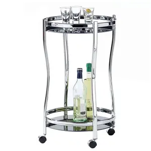 Idimex Chariot de service VEGA table d'appoint ronde sur roulettes chariot à thé et boisson en métal chromé 2 étagères en verre trempé pas cher