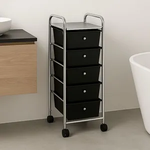 Idimex Caisson sur roulettes GINA chariot avec 5 tiroirs en plastique noir et 1 étagère, rangement salle de bain en métal chromé pas cher