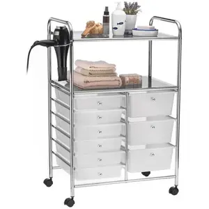 Idimex Caisson sur roulettes MARITA chariot 6 et 3 tiroirs en plastique blanc transparent et 2 tablettes, rangement salle de bain en métal pas cher