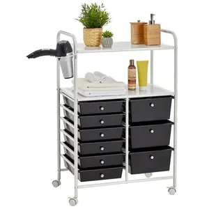 Idimex Caisson sur roulettes MARITA chariot 9 tiroirs en plastique noir et 2 étagères, rangement salle de bain en métal blanc pas cher