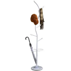 Idimex Porte-manteaux TRIANA portant à vêtements sur pied en forme d'arbre avec 6 crochets et un porte parapluie, métal laqué blanc et boisVendu parcdiscount