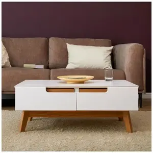 Idimex Table basse TIBOR style scandinave design vintage nordique table de salon rectangulaire 2 tiroirs 2 niches pin massif lasuré blanc pas cher