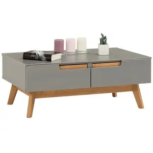 Idimex Table basse TIBOR style scandinave design vintage nordique table de salon rectangulaire 2 tiroirs 2 niches en pin massif lasuré gris pas cher