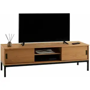Idimex Meuble TV SELMA banc télé de 145 cm au style industriel design vintage avec 2 portes coulissantes, en pin massif teinté brun clairVendu parcdiscount