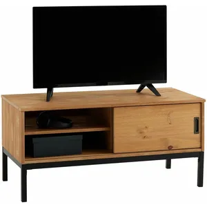 Meuble TV SELMA - IDIMEX - 98 cm - Style industriel - Pin massif teinté brun clairVendu parcdiscount