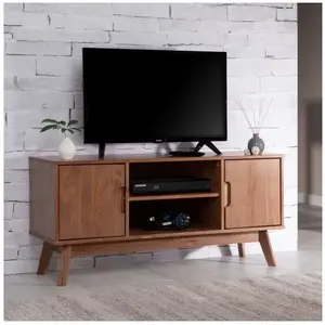 Idimex Meuble TV TIVOLI banc télé de 114 cm design vintage scandinave nordique 2 portes et 2 niches, en pin massif lasuré brun foncé pas cher