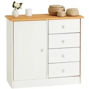 Commode en pin massif lasuré blanc et brun RONDO - IDIMEX - Meuble de ... pas cher