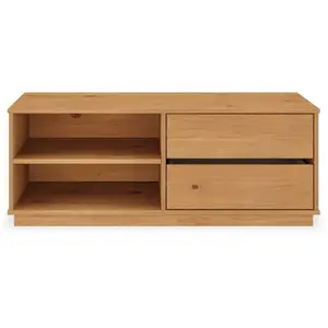 Idimex Meuble TV MAITE L 110 cm avec 2 tiroirs et 2 niches en bois massif coloris chêne pour télé jusqu’à 47" meuble TV salon pas cher