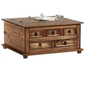 Idimex Table basse coffre rangement pin massif style mexicain lasuré brun pas cher