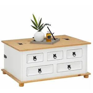 Idimex Table basse de salon TEQUILA coffre malle de rangement rectangulaire en bois style mexicain 5 tiroirs pin massif lasuré blanc brun pas cher