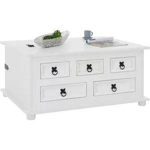 Idimex Table basse coffre rangement TEQUILA, pin massif style mexicain lasuré blanc pas cher