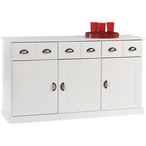 Idimex Buffet PARIS commode bahut vaisselier avec 3 portes battantes et 3 tiroirs pin massif lasuré blanc pas cher
