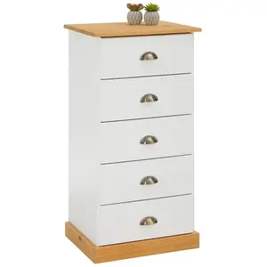 Idimex Chiffonnier PARIS commode avec 5 tiroirs en pin massif lasuré blanc et brunVendu parcdiscount