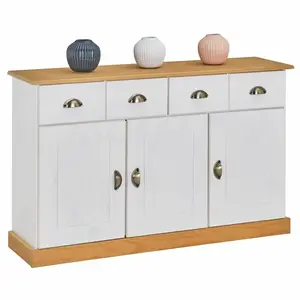 Idimex Buffet PARIS commode bahut vaisselier avec 3 portes battantes et 2 tiroirs pin massif lasuré blanc et brun pas cher