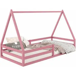 Idimex Lit cabane SILA 90x190 cm, lit simple enfant 1 place type Montessori, en pin massif rose
