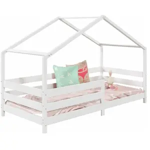 Idimex Lit cabane RENA lit simple pour enfant montessori 90 x 190 cm, avec barrières de protection, en pin massif lasuré blanc pas cher