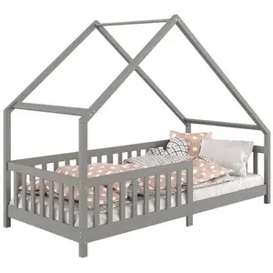 Lit cabane - IDIMEX - CORA - Pin massif lasuré gris - 90x190 cm pas cher