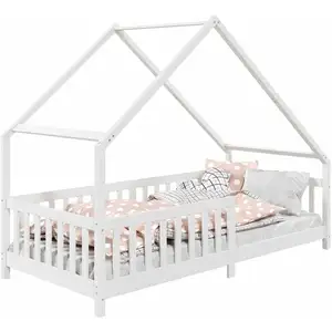 Idimex Lit cabane CORA lit enfant simple asymétrique montessori en bois 90 x 200 cm en pin massif lasuré blanc