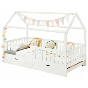 Idimex Lit cabane NUNA lit enfant simple montessori en bois 90 x 200 cm, avec rangement 2 tiroirs, en pin massif lasuré blancVendu parcdiscount