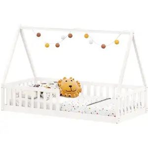 Idimex Lit cabane nicolas 90 x 190 cm, en pin massif laqué blanc pas cher