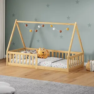 Idimex Lit cabane enfant 90x200 cm NICOLAS lit Simple montessori avec Barrières de Protection en Bois Massif, Coloris naturel pas cher