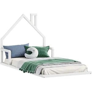 Idimex Lit enfant ELOA lit au sol 90x200 cm de type Montessori, tête de lit en forme de maison, en pin massif lasuré blanc pas cher