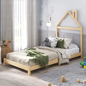 Idimex Lit enfant LIZ tête de lit en forme de maison, Lit au sol Montessori, Pour couchage 90 x 200 cm bois de pin massif, Coloris naturel