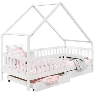 Idimex Lit cabane ALVA lit enfant simple asymétrique montessori en bois 90 x 200 cm, avec rangement 2 tiroirs, en pin massif lasuré blanc pas cher