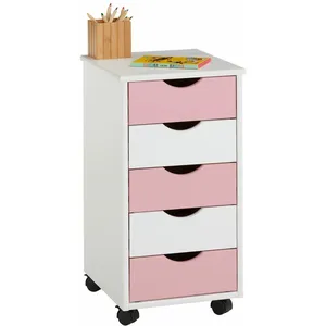 Idimex Caisson de bureau LAGOS meuble de rangement sur roulettes avec 5 tiroirs, en pin massif lasuré blanc et rose pas cher