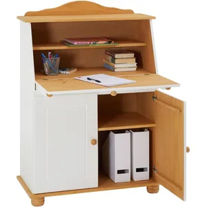Idimex Bureau secrétaire DAVID avec abattant rangement plusieurs étagères 2 portes plan de travail rabattable, en pin massif blanc et brun pas cher